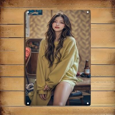 Metal Sign Wall Art Elegant Female Portrait Long Hair Decor Durable Iron Plate for Home Bar Office Cafe Minimalist Modern Chr