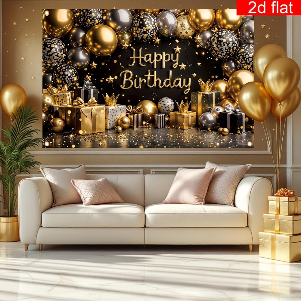 2D Flat Banner 1 Piece Happy Birthday Party Banner Black Gold Silver Crown Balloon Gift Box Pattern