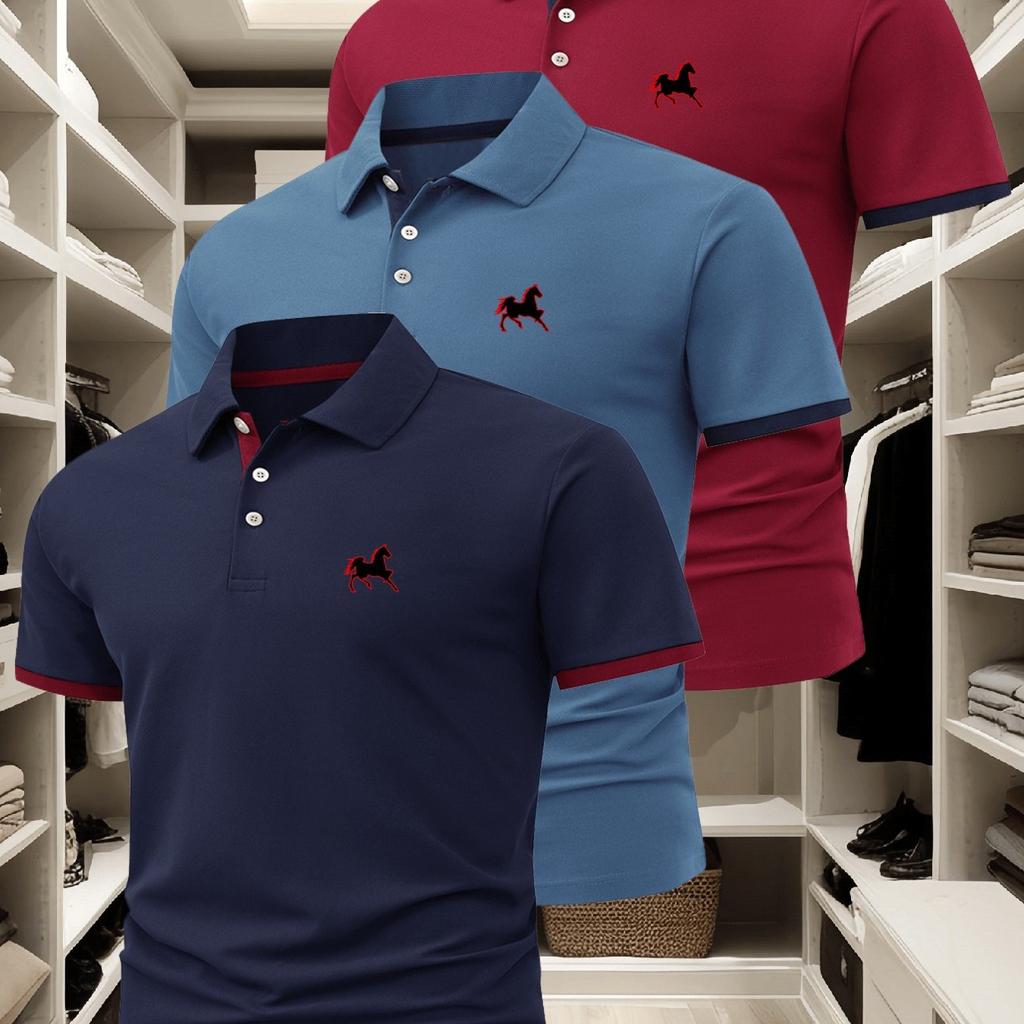 3Pcs Men'S Polo Shirt Set, Featuring a Fashionable And Casual Design, Comfortable And Breathable for Summer, Short-Sleeved with a Collar.