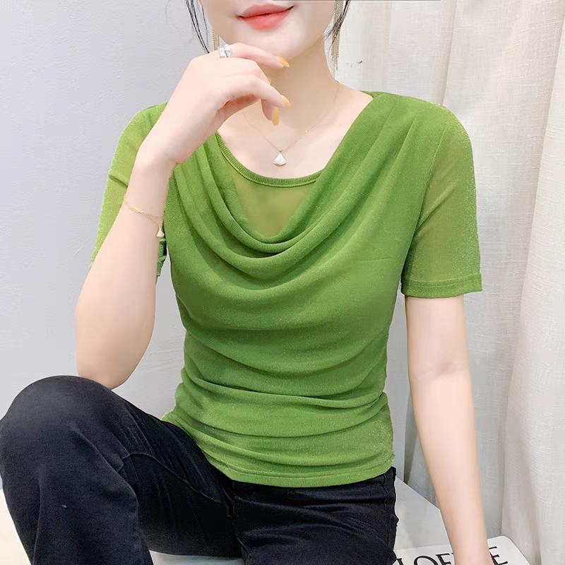 Summer Women's Draped Design O-Neck T-Shirt Trendy Elegant Short Sleeve Mesh Tops New Casual Fairy Tees Blouse