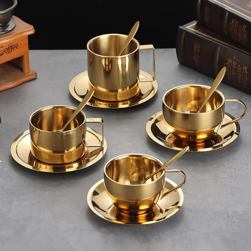 Tasse à café en acier inoxydable 170/200/250/280 ml Tasse à lait et ensemble soucoupe Avec sous-tasse Tapis Cuillère Poignée Facile à nettoyer et réutilisable