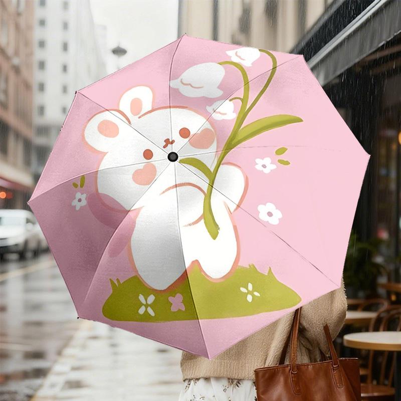 1 Adet Tavşan Çiçekli Otomatik Katlanır Şemsiye 8 Kemerli Demir Çerçeve, Seyahat, Günlük Kullanım, Doğum Günü, Kadın ve Erkek Hediyesi için Uygundur c1231045