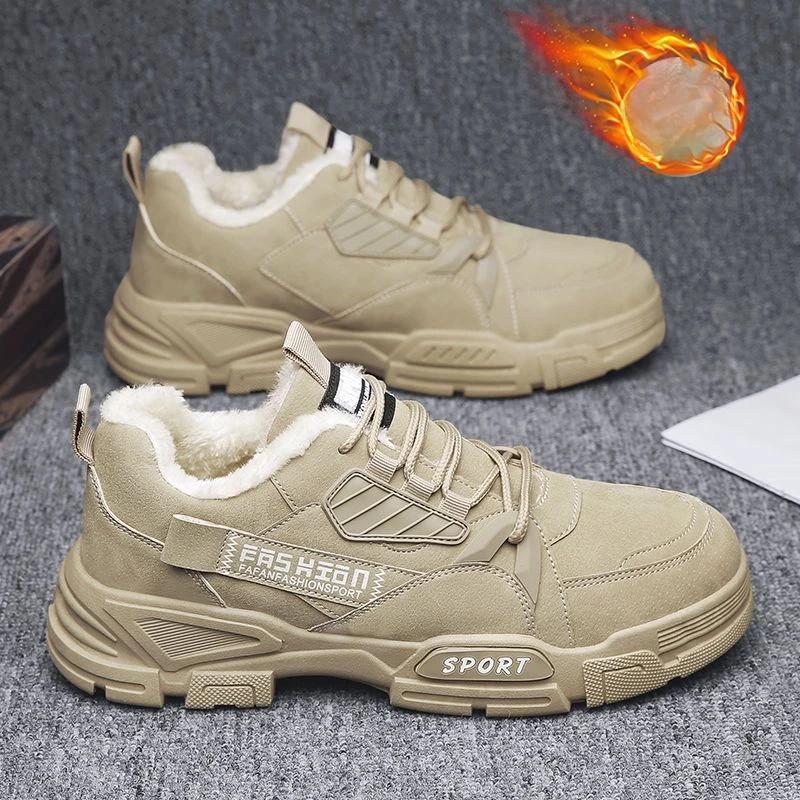 Fashion Men's Sneakers 2024 Autumn Waterproof Work Boots Workwear Shoes Thick Soled Plush Cold Resistant Lace Up Anti Slip Cotton Shoes