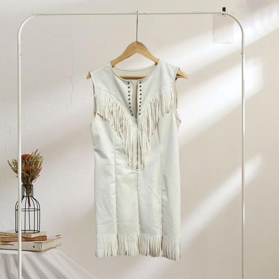 Kadın Sahte Deri Püsküllü Kovboy Elbisesi Boho Yarım Fermuarlı V Yaka A Kesim Askılı Mini Elbise Vintage Püsküllü Kolsuz Mini Elbise