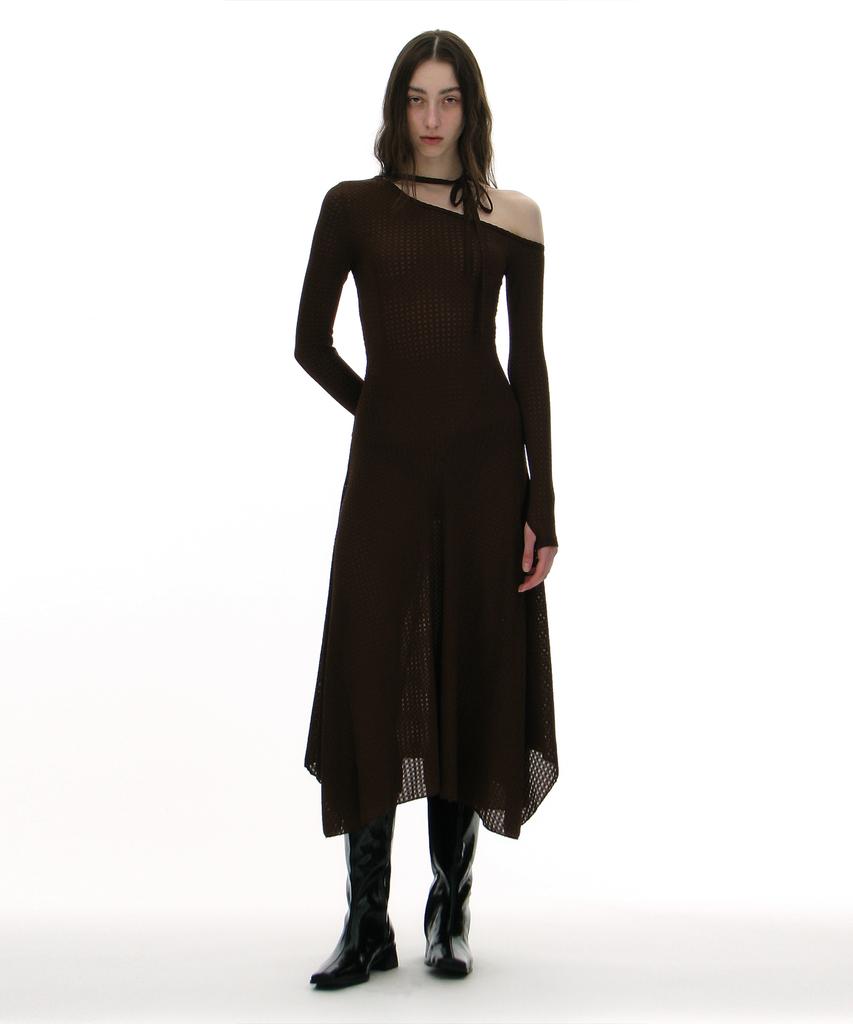 Partimento Woman Jacquard Tie-Neck Midi Dress_Brown