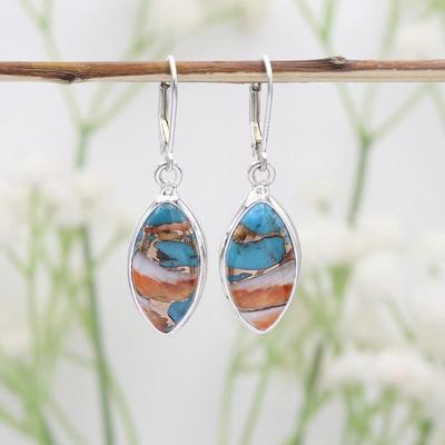 Pendiente de Gema Turquesa Ostra Forma Marqués, Pendiente para Mujer, Pendiente de Plata 925, Joyería Boho