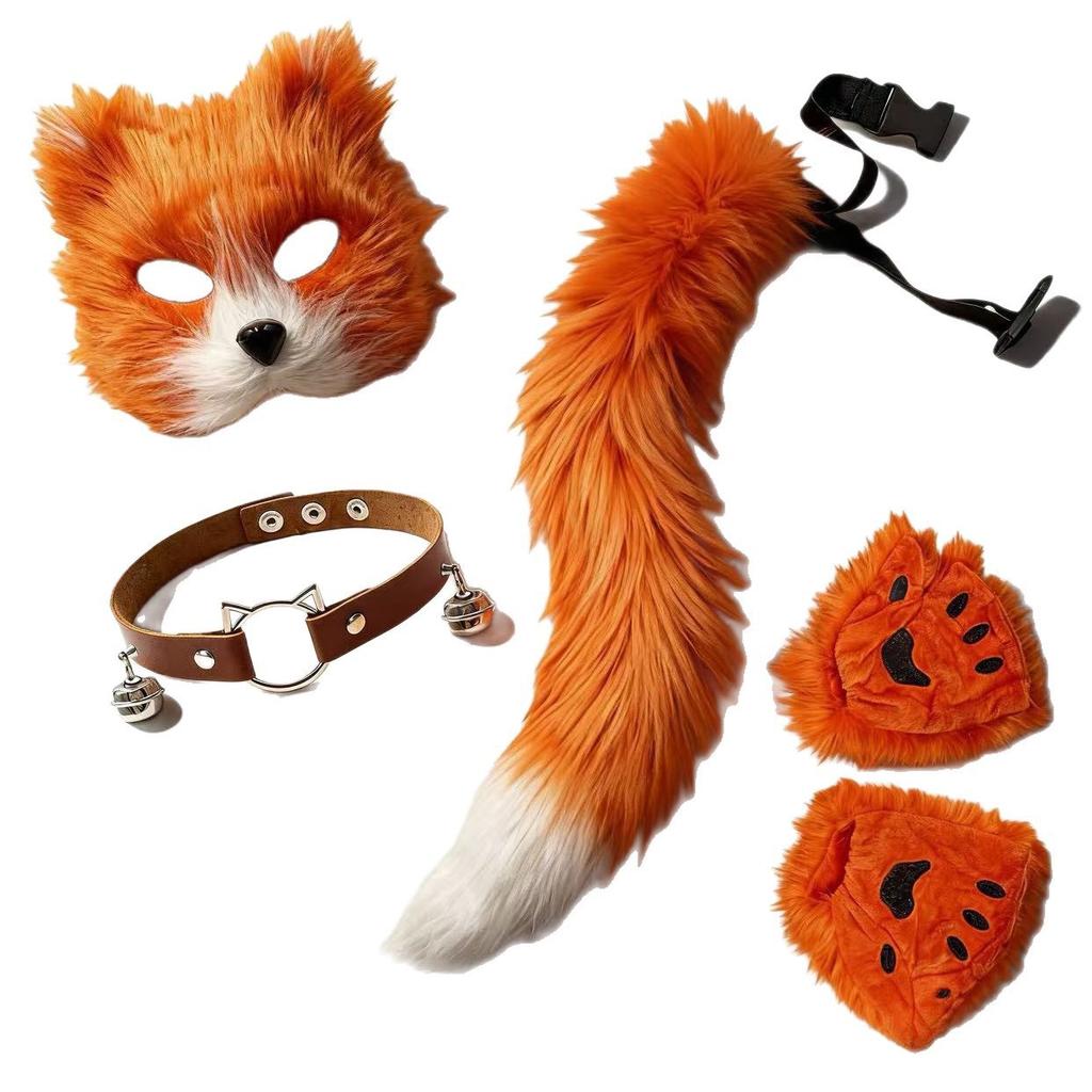 Womens Cosplay Set Animal Ears Mask Plush Gloves Tail Bell Collar Halloween Party