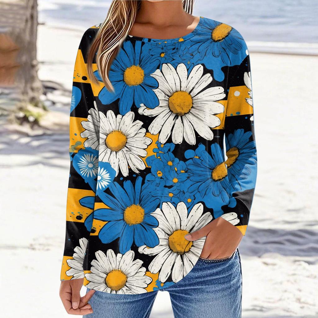 Women's Fashionable Casual Printed Long Sleeved Round Neck Top Round Neck Top Top