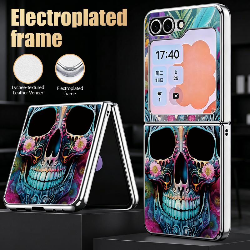 Punk Dark Aesthetic Skull Case For Samsung Z Flip 8 7 6 5 Luxury Plating Leather Skin Folding Phone Cover For Galaxy Z Flip8 Flip7 Flip6