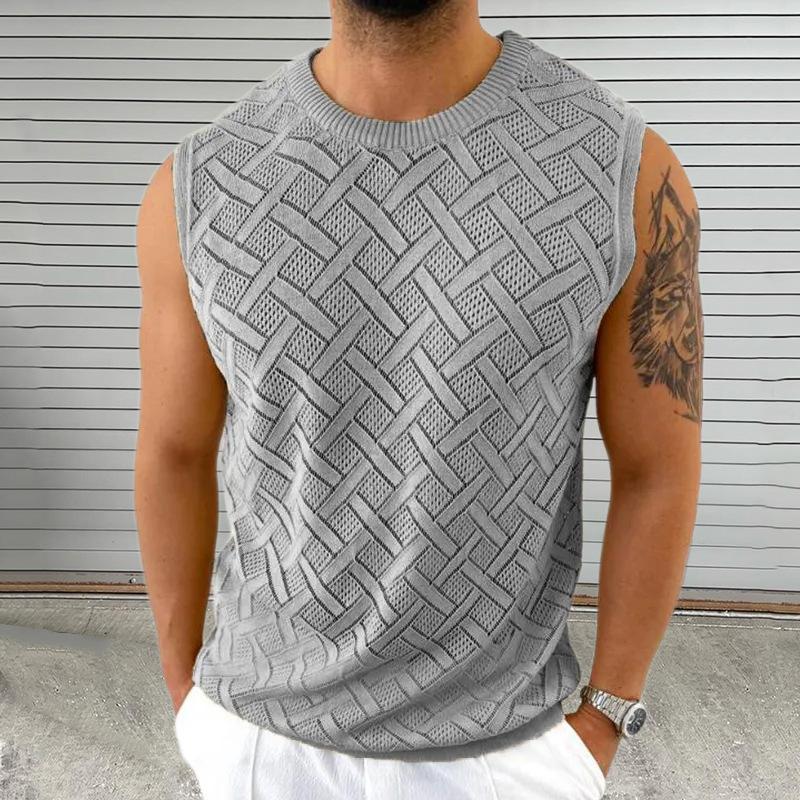 

2025 Summer Knitted Sleeveless Round Neck Openwork Top for Men M сірий колір