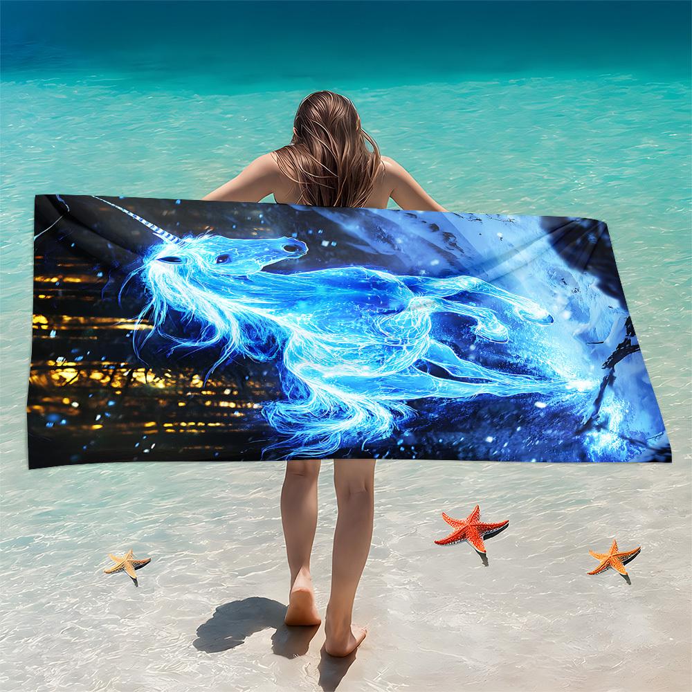 Blauer Einhorn Sternenwald Druck Strandtuch Polyester Weich Schnelltrocknend Großes Badetuch Sommer Schwimmbad Surfen Decke