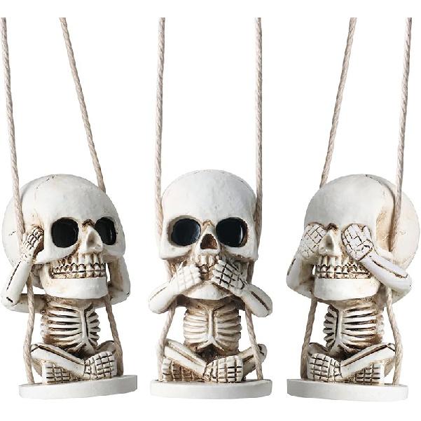 Skull Car Mirror Hanging Ornament with Christmas Hat Goth Auto Accessories for Men Women Swinging Skeleton Pendants Horror Things Spooky Charms Decor