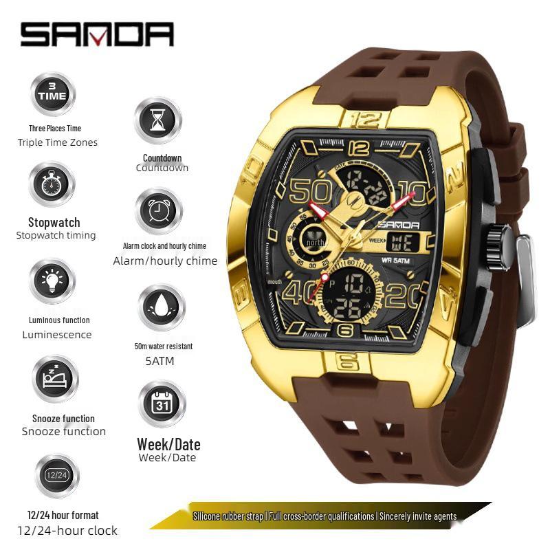 Sanda Waterproof Luminous Dual Display Barrel-Shaped Watch with Alarm and Large Dial