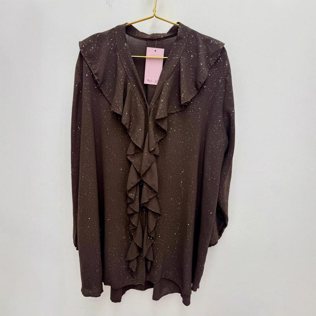 2025 Gold Splashed Wood Ear Trim V-Neck Loose Casual Long-Sleeved Shirt