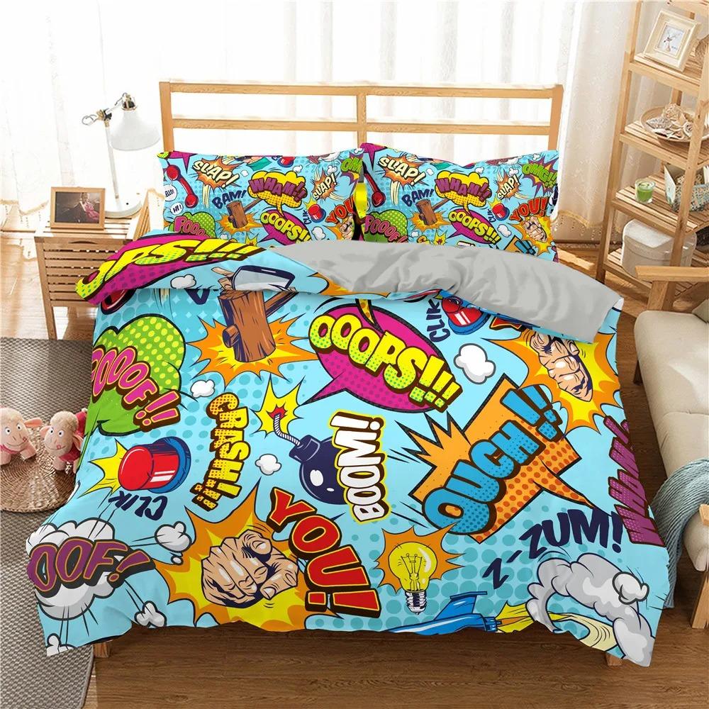 Fashion Bedding Set Cartoon Graffiti Polyester Duvet Cover Pillowcase Single King Double Full Queen Size Polyester Quilt Cover