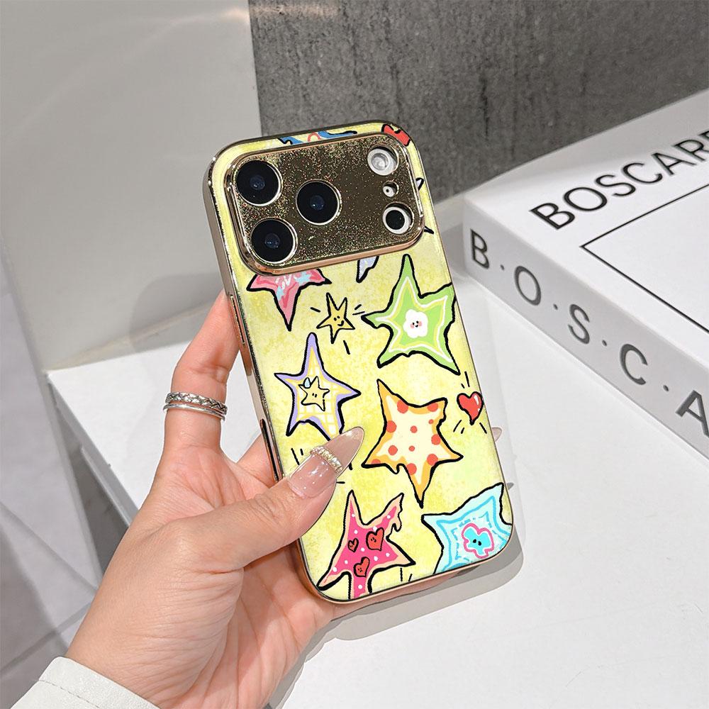 Lucky Start Phone Case For iPhone 17 16 15 14 13 12 11 Pro Max 16E Gold Electroplated Glass Shell Cute Doodle Stars Cover