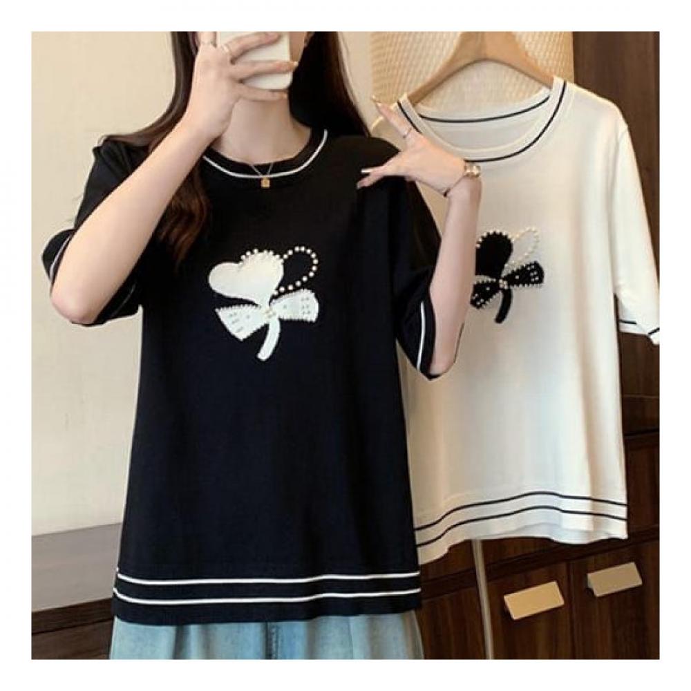 Navava Loose Fit Color Block Bead Thin Short Sleeve Knit Nk2037