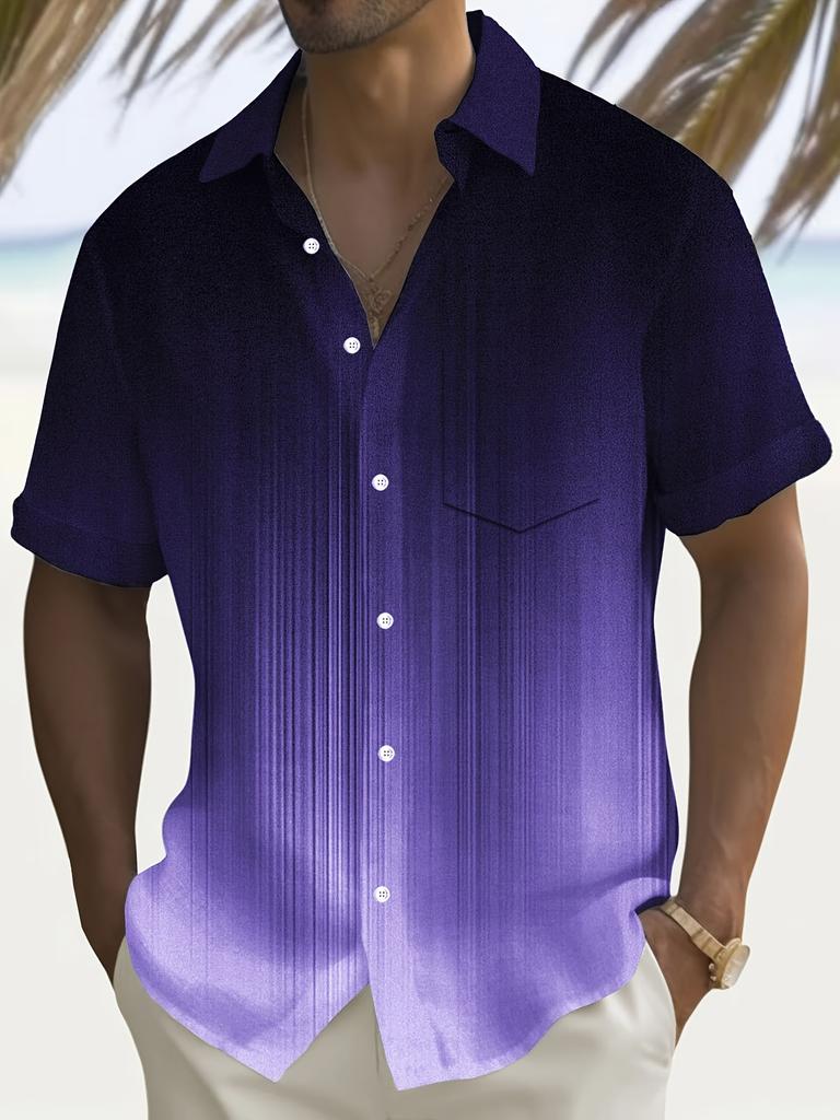 Vintage Gradient Striped Print Men'S Plus Size Button Pocket Short Sleeve Shirt, Plus Size