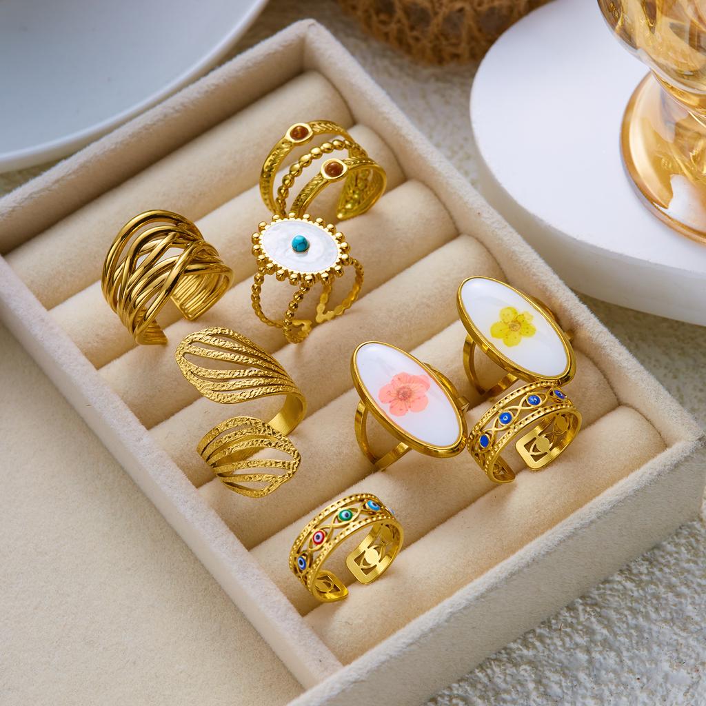 Stainless Steel Irregular Line Wrap Ring for Women Men Gold Plated Geometric Flower Leaves Ring Trendy Waterproof Jewelry Gifts