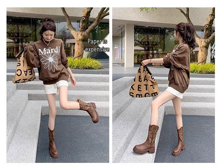 Retro Soft Leather Thick Sole Western Cowboy Mid-Calf Boots for Women, Autumn/Winter Martin Style