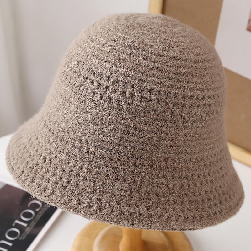 Autumn and winter knitting double-sided can wear solid color bucket hat women's casual versatile hollow bucket hat to keep out the cold and warm basi