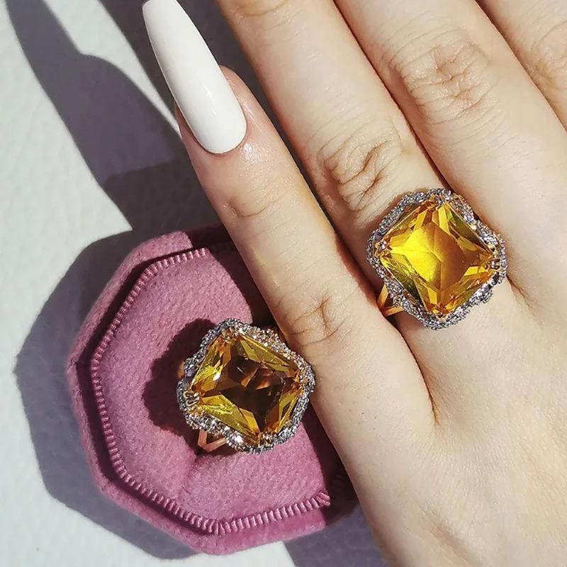 Huajie Light Yellow Square Sparking Cubic Zirconia Shining Rings for Women Party Hyperbole Ring Trend