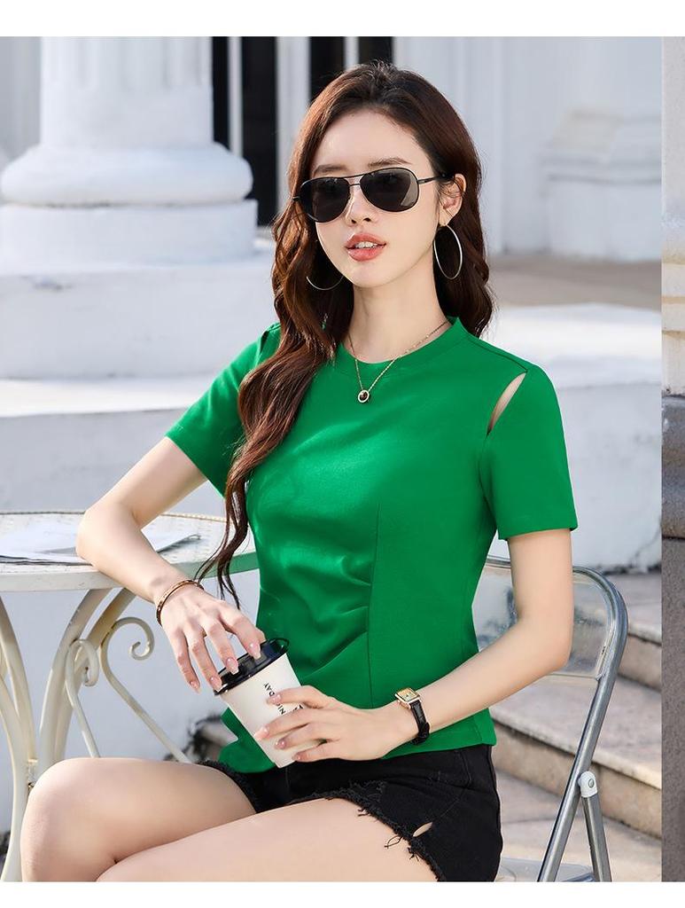 Niche Irregular Hem Shoulder-Baring Women's Short-Sleeve T-Shirt - 2025 Summer Trend