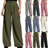 Women's Casual Wide Leg Pants High Waist Button Closure Cargo Style Pockets Loose Fit Trousers Suitable for Daily Wear and Office Use