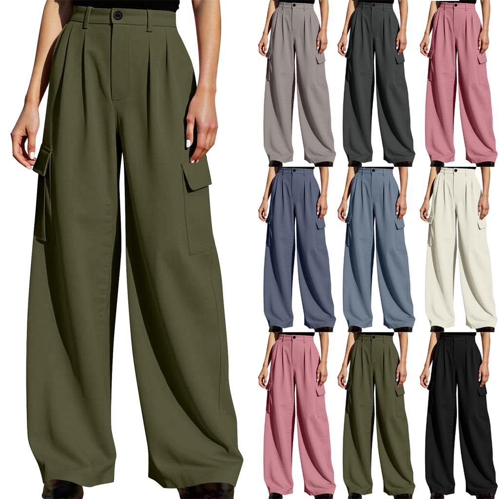 Pantalon Décontracté Large pour Femme Taille Haute Fermeture Boutonnée Poches Style Cargo Coupe Ample Pantalon Convient pour un Usage Quotidien et le Bureau