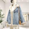 2025 Women's Winter Reversible Fleece-Lined Denim Jacket - Korean Style, Loose Fit, Lambswool, Casual Versatile Coat Trend