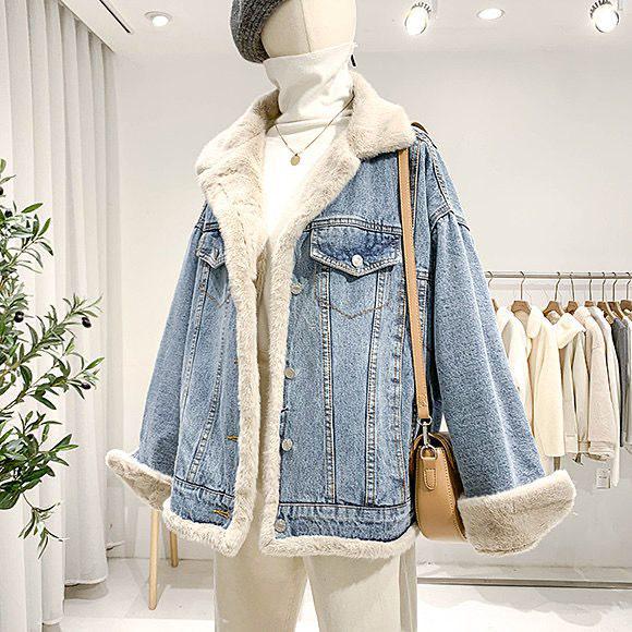 2025 Women's Winter Reversible Fleece-Lined Denim Jacket - Korean Style, Loose Fit, Lambswool, Casual Versatile Coat Trend