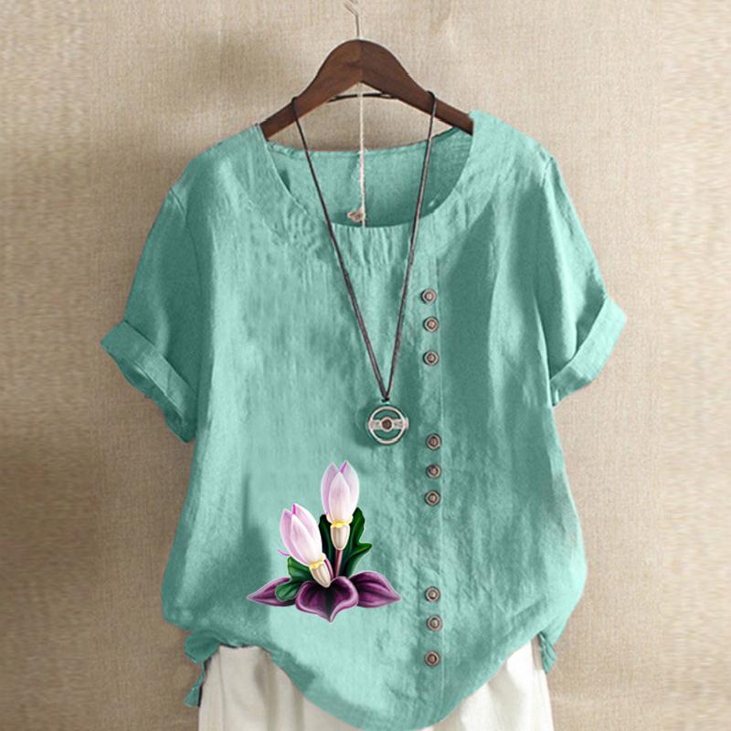 Women's Fashion Round Neck Short Sleeve T-shirt Casual Cotton Linen Graphic Shirt Leisure Loose Flowers Prined Summer Blouse Tops