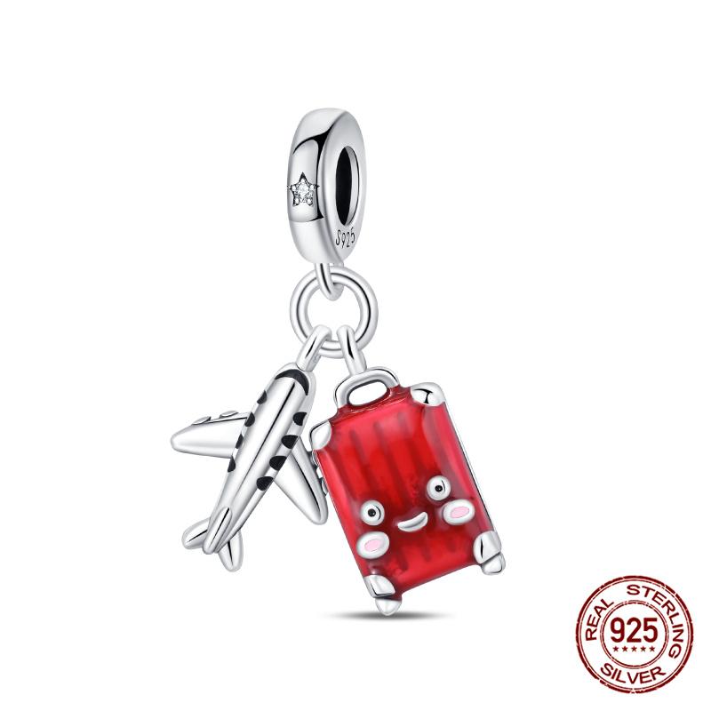 Authentic Original 100% Copper Metal Luggage Airplane Passport Summer Travel Charm Bead Components Compatible With Authentic Original Bracelet High