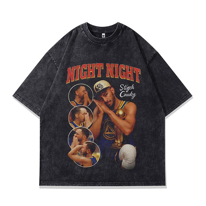 American Trendy Brand Retro Star Portrait Print Vintage Washed Old Street Hip Hop Short Sleeve T-Shirt Men