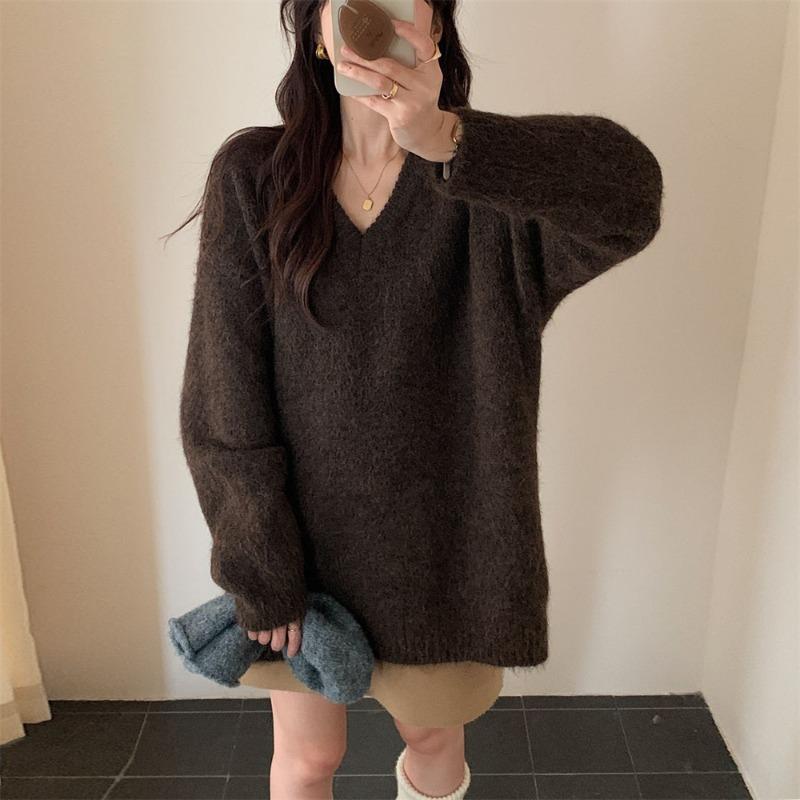 Gentle wind soft waxy neck pullover sweater women's autumn and winter new loose large size simple lazy wind knitted sweater top