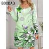 Women Long Sleeve O-Neck Mini Dress Vintage Elegant A-Line Dress 3D Ice Flower Pattern Casual Dress Vestidos De Mujer