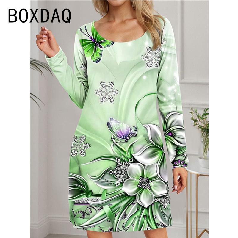 Women Long Sleeve O-Neck Mini Dress Vintage Elegant A-Line Dress 3D Ice Flower Pattern Casual Dress Vestidos De Mujer