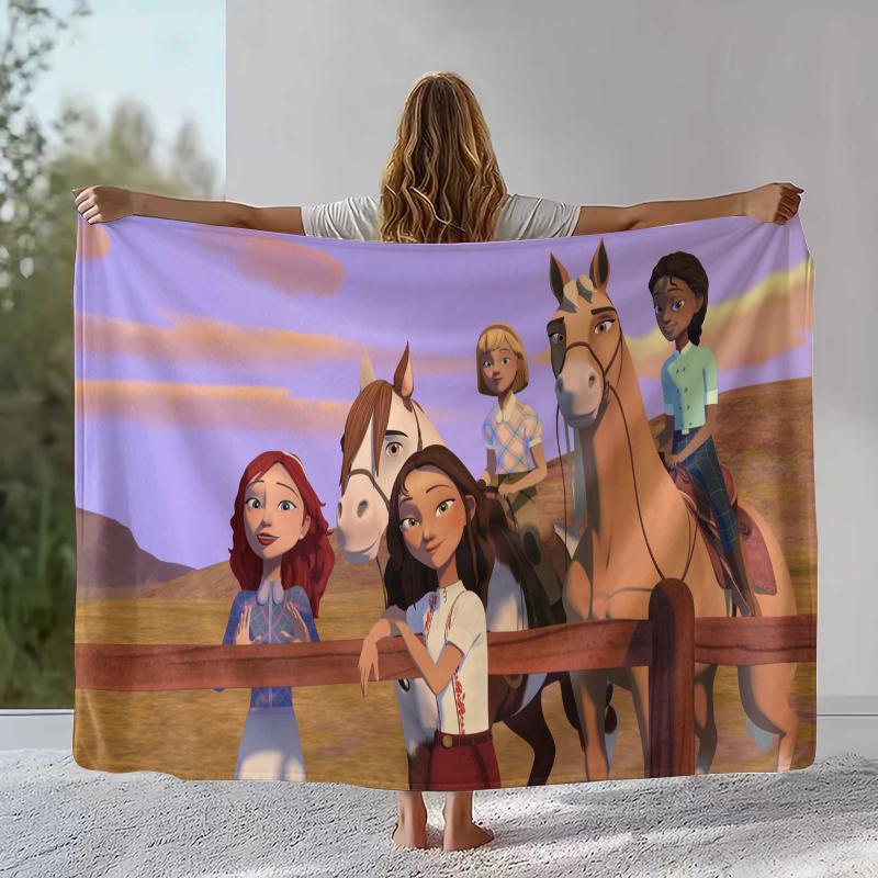 

Cartoon Spirit Riding Free Horses Flannel Blanket,Ultra Soft Warm Plush Throw for Home Bedroom Bed Sofa Cover Camping Picnic 75x90cm