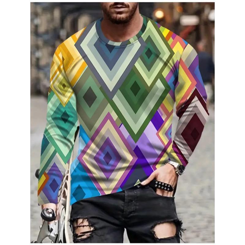 T Shirts for Man Geometric Block 3D Print Autumn Long Sleeve T-Shirt Pullover Casual Male Tops Street Lightweight Men's Clothes