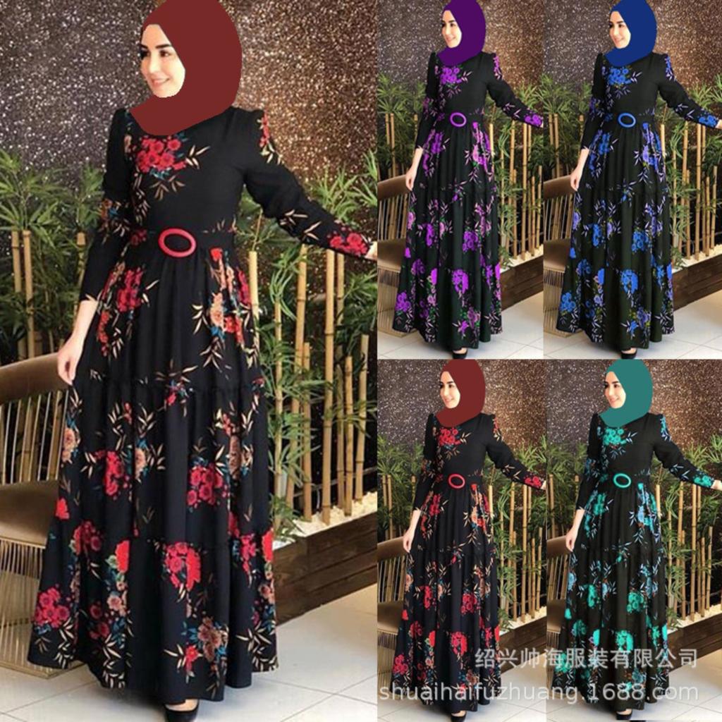 Printed Midi Waist Four Color Temperament Commuters Four Side Stretch Printed Unpadded Long Dress Dresses