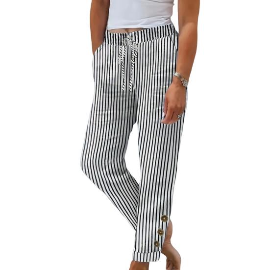 Women Harem Pants Adjustable Elastic Waistline Striped Print Boho Pants with Pockets Lightweight Breathable Casual Trousers