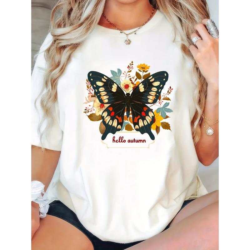 

European Size Butterfly HELLO AUTUMN Home, Leisure, Fashion, Versatile, Commuting, S, Versatile, Comfortable S Heavyweight Pure T-shirt S белый