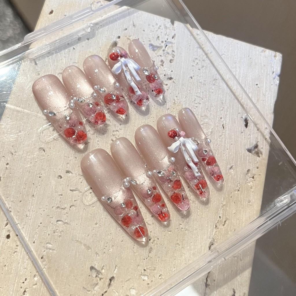 Handmade Press On Nail French Sparkling High-end Ice Crack Cat Eye Hand-painted Rose 3D Bow Pearl Fake Nail Patch Artificial Nail Reusable