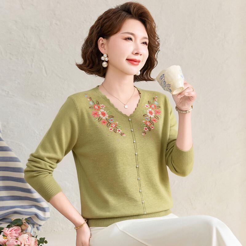 Pastel Women's Floral Embroidered Rhinestone V-Neck Knit Sweater