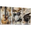 lyrae 3pcs Vintage Musical truments Wall Art Piano Guitar Drum Set Posters Artwork Music Theme Painting Pictures Wall Decor for Studio Gallery Home