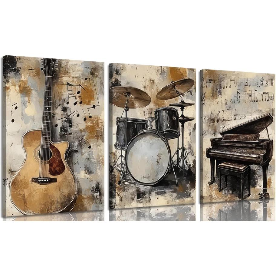 lyrae 3pcs Vintage Musical truments Wall Art Piano Guitar Drum Set Posters Artwork Music Theme Painting Pictures Wall Decor for Studio Gallery Home
