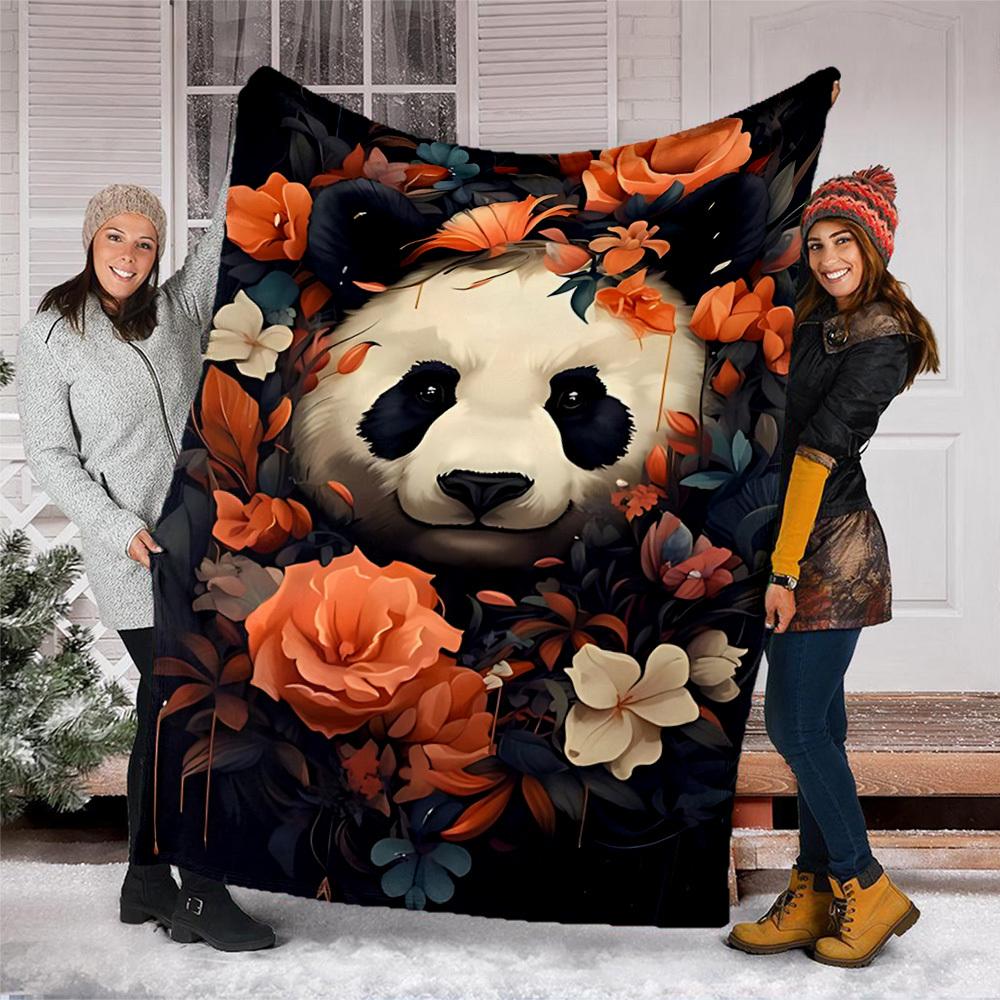 1pc Panda Floral Decor Throw Blanket Polyester Fiber, Lightweight Flannel, Soft & Warm, All Season Use for Outdoor, Camping Digital Print