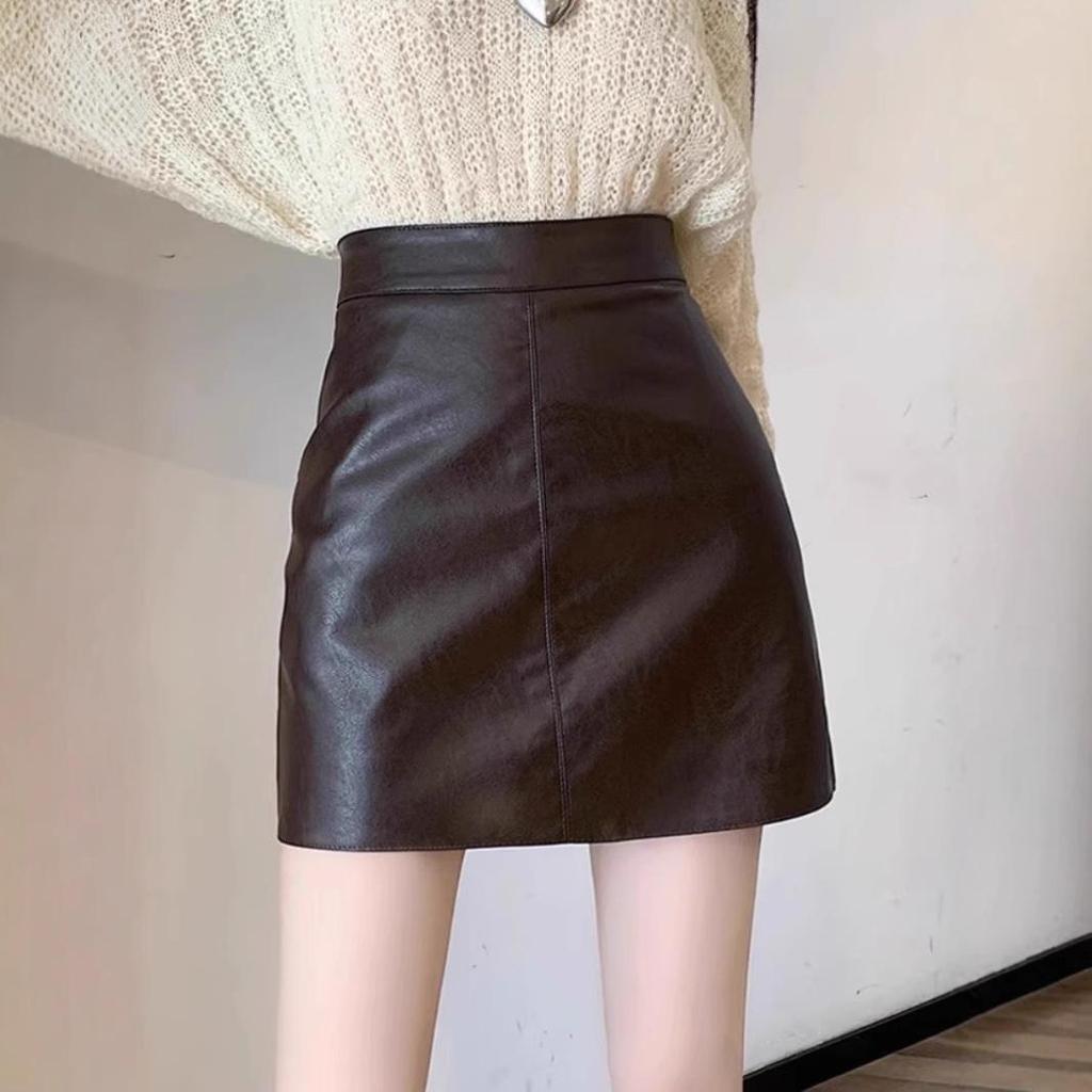 Women's High-Waist Matte PU Leather A-Line Skirt – Black, Petite, Autumn/Winter Fashion