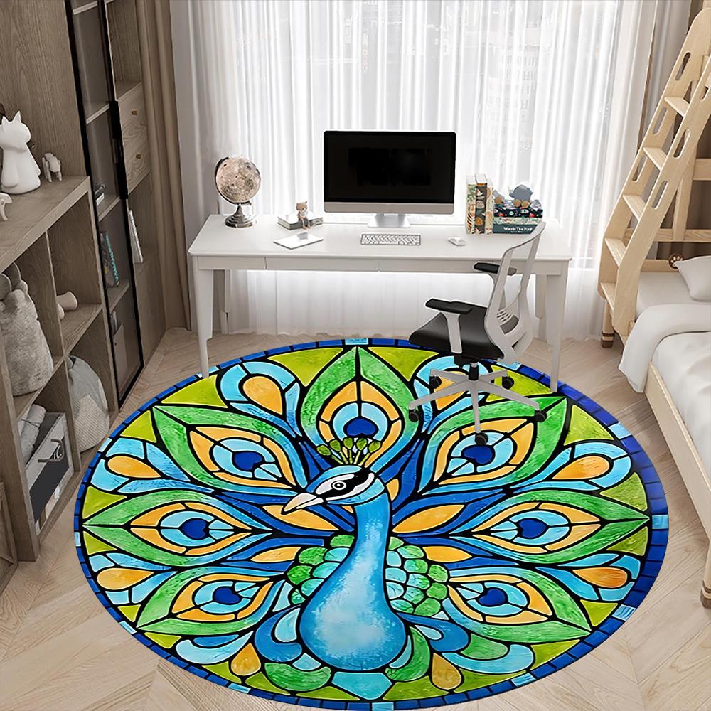 1pc Peacock Stained Glass Office Round Rug, Non-slip, Soft and Durable Office Rug for Interior Decoration, Perfect for Office,Decoration yy260204045