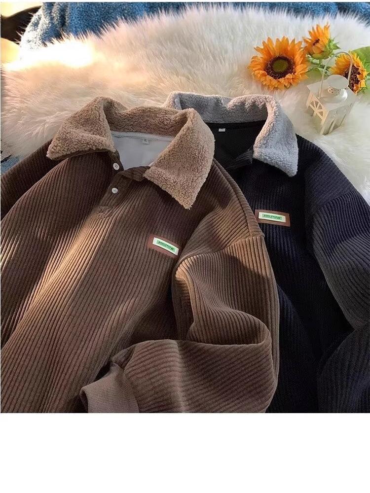 Men's Corduroy Polo Collar Sweatshirt, Autumn/Winter Style with Velvet and Lamb Wool, Hong Kong Fashion for Teens